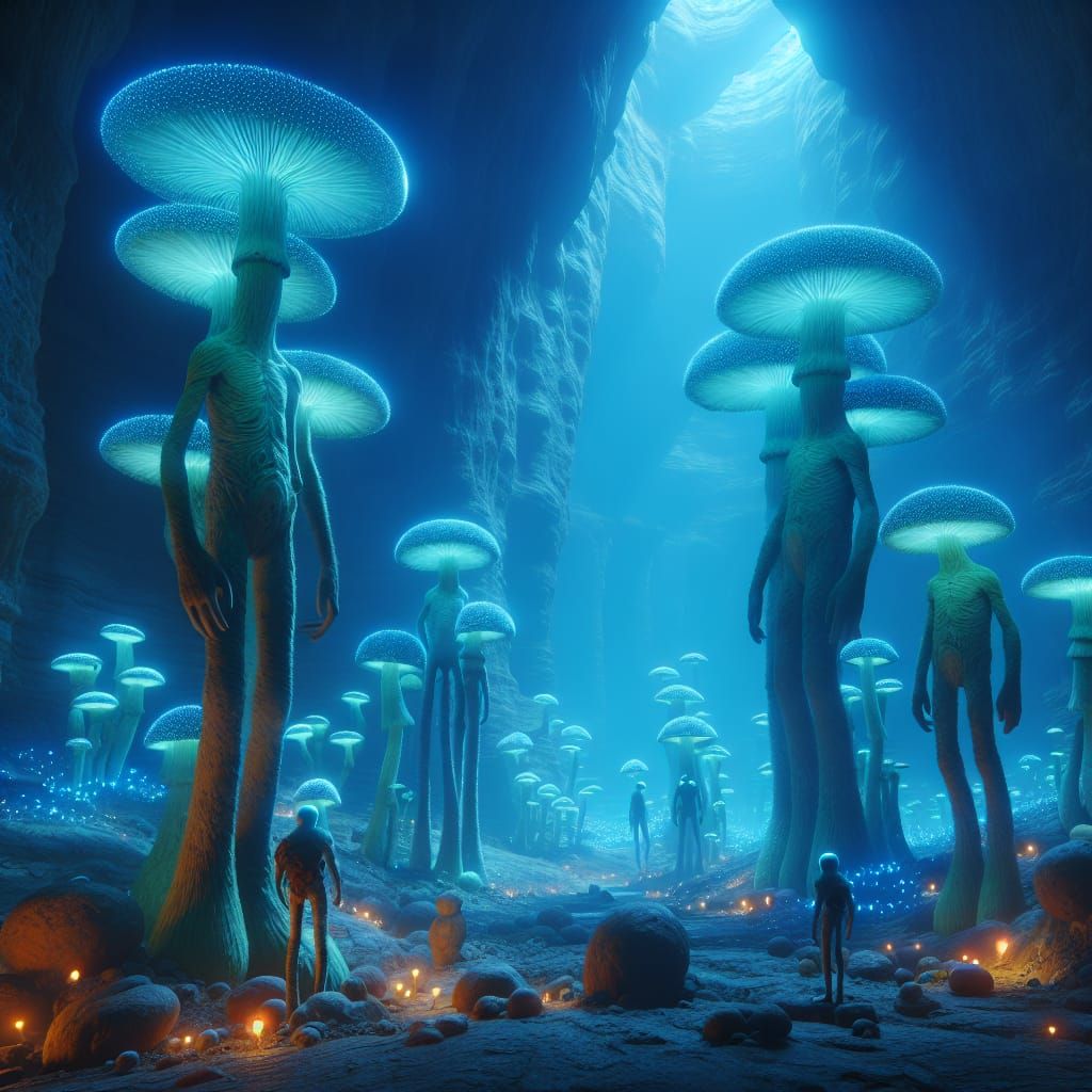 Bioluminescent Fungi Folk in Grotto