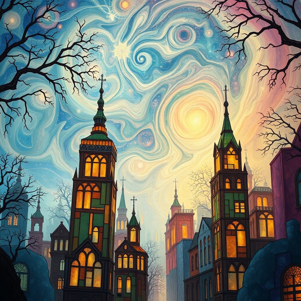 Surreal Stained Glass Cityscape with Nebula Sky