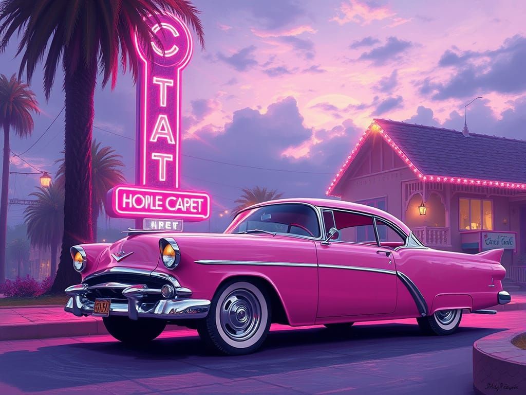 Hyperrealistic Art Deco Car Scene Under Ethereal Neon Lights