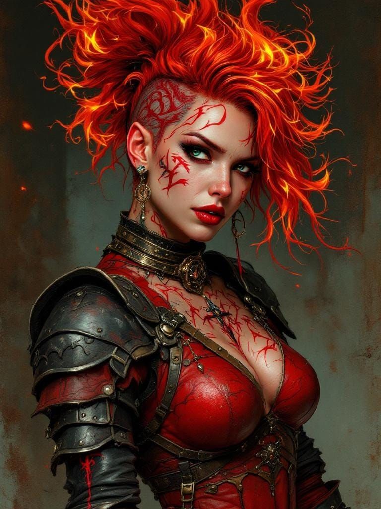 Fiery Punk Genasi in Medieval Armor Portrait