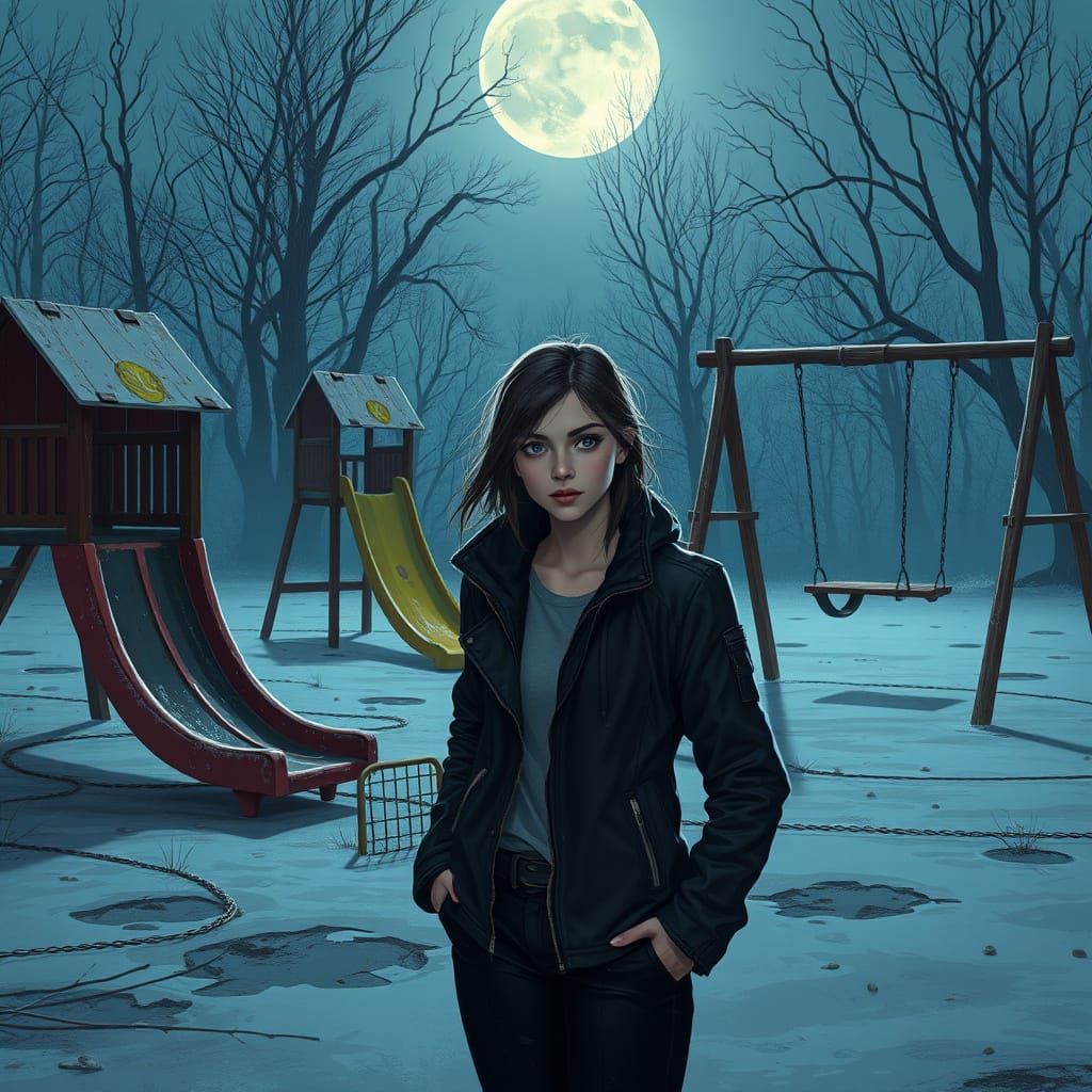 Rachel in Abandoned Playground: Retro-Futuristic Sci-Fi Art