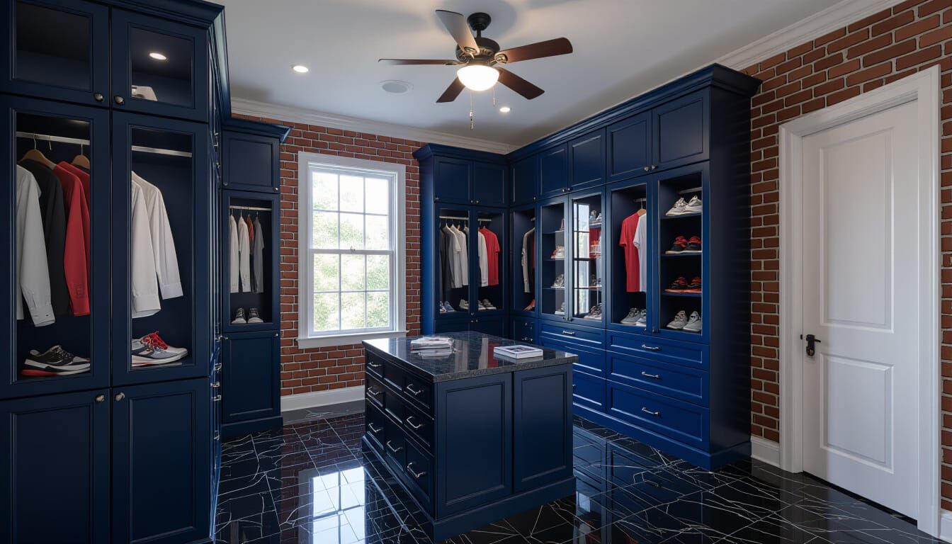 Victorian Walk-In Closet Room with Dark Blue and Brick Accen...