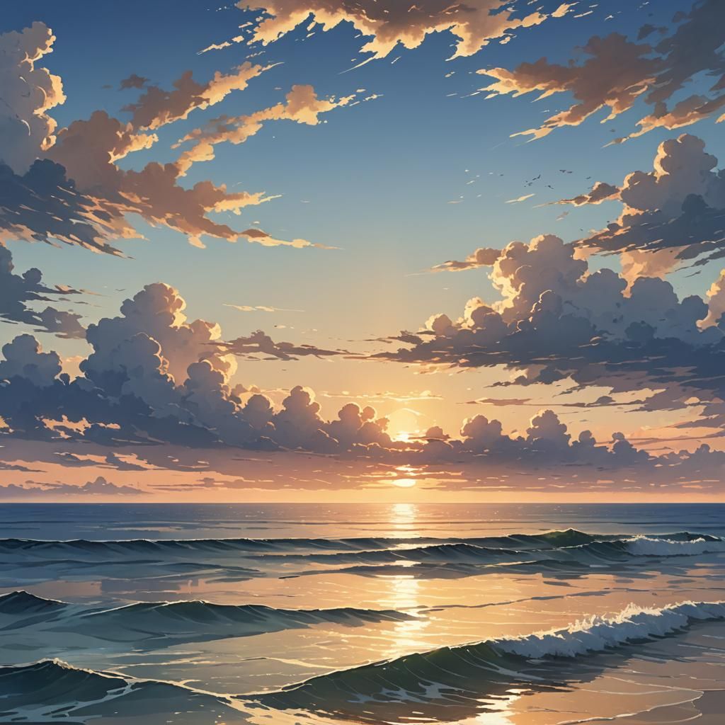 Serene Ocean Sunset with Caravelle in Anime Style