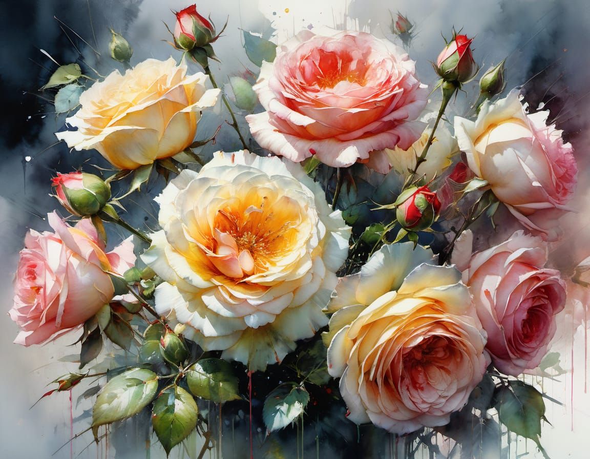 Detailed Watercolor Roses Bouquet Painting