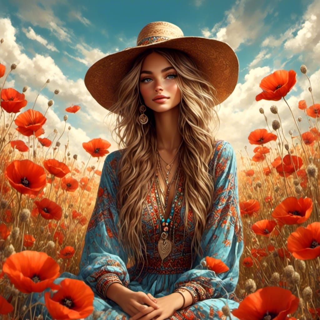 Boho Hippie Girl in Poppy Field: Digital Art