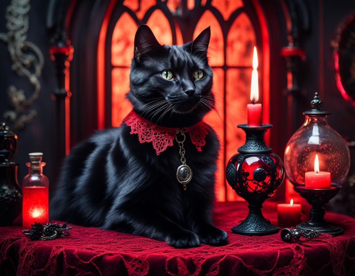 Vintage Gothic Cat with Glowing Potions