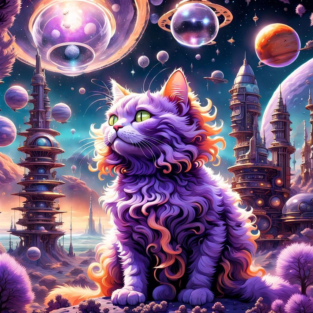 Ornate Sci-Fi Cat in Mythical Cityscape