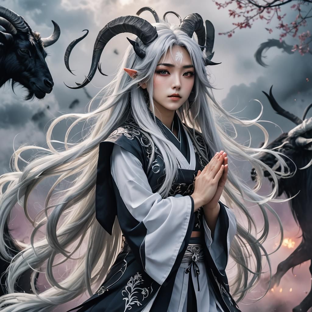 Beautiful Japanese anime girl, 27 years old, long silver hai...