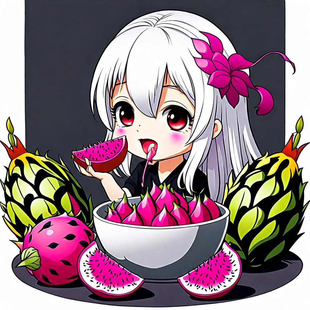 Chibi Anime Girl Eating Dragon Fruit