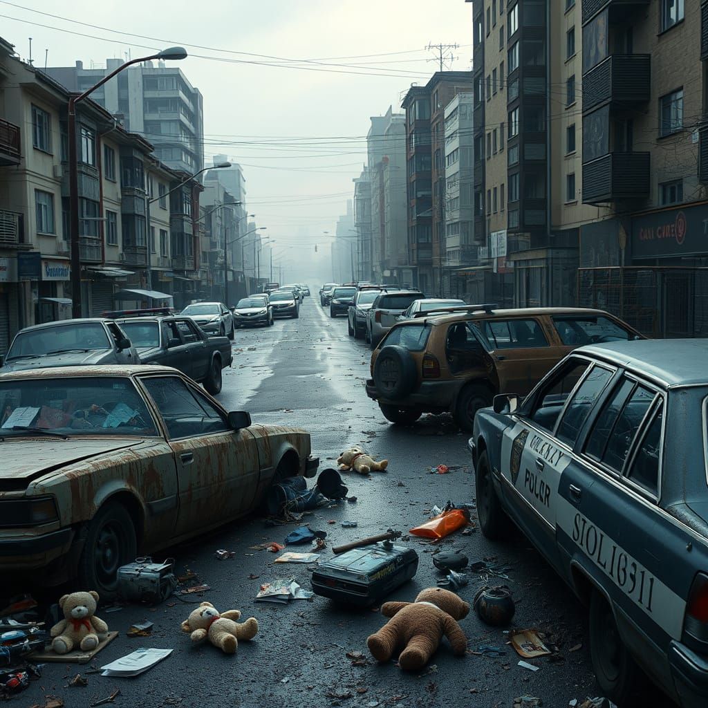 Dystopian Urban Street Scene in Dark Fantasy Style