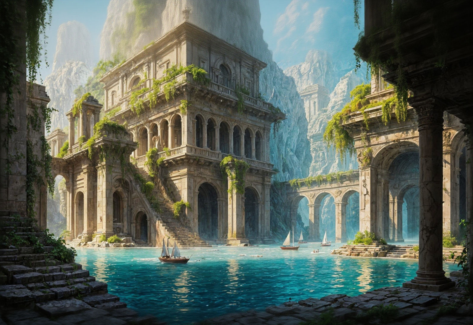 Sailboats in Abandoned Temple: Impasto Style