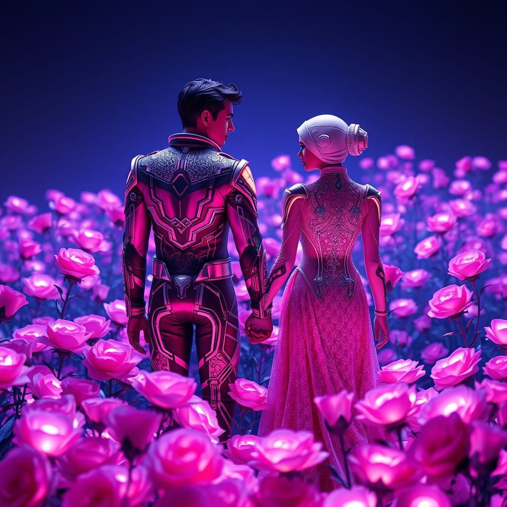 Futuristic Couple in Rose Garden: Digital Art