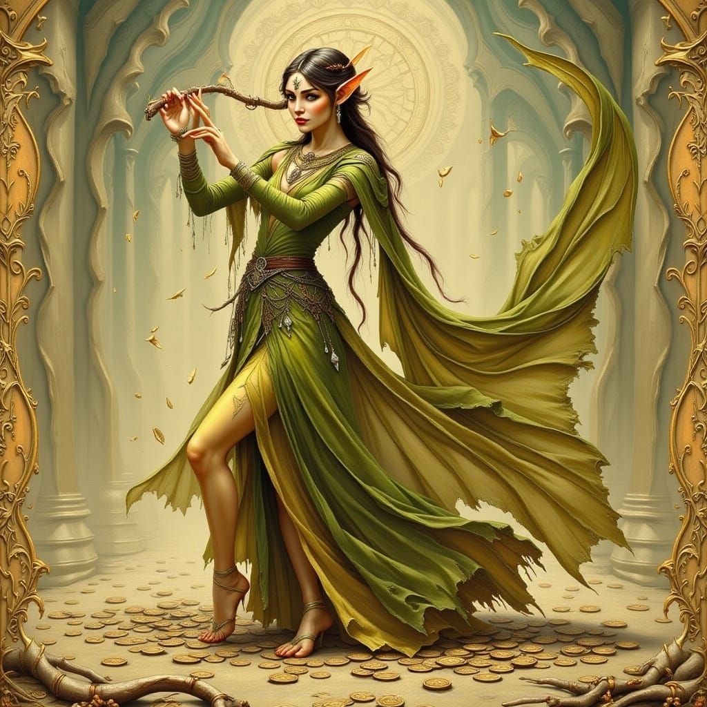 Elven Queen Dances with Flute and Coins