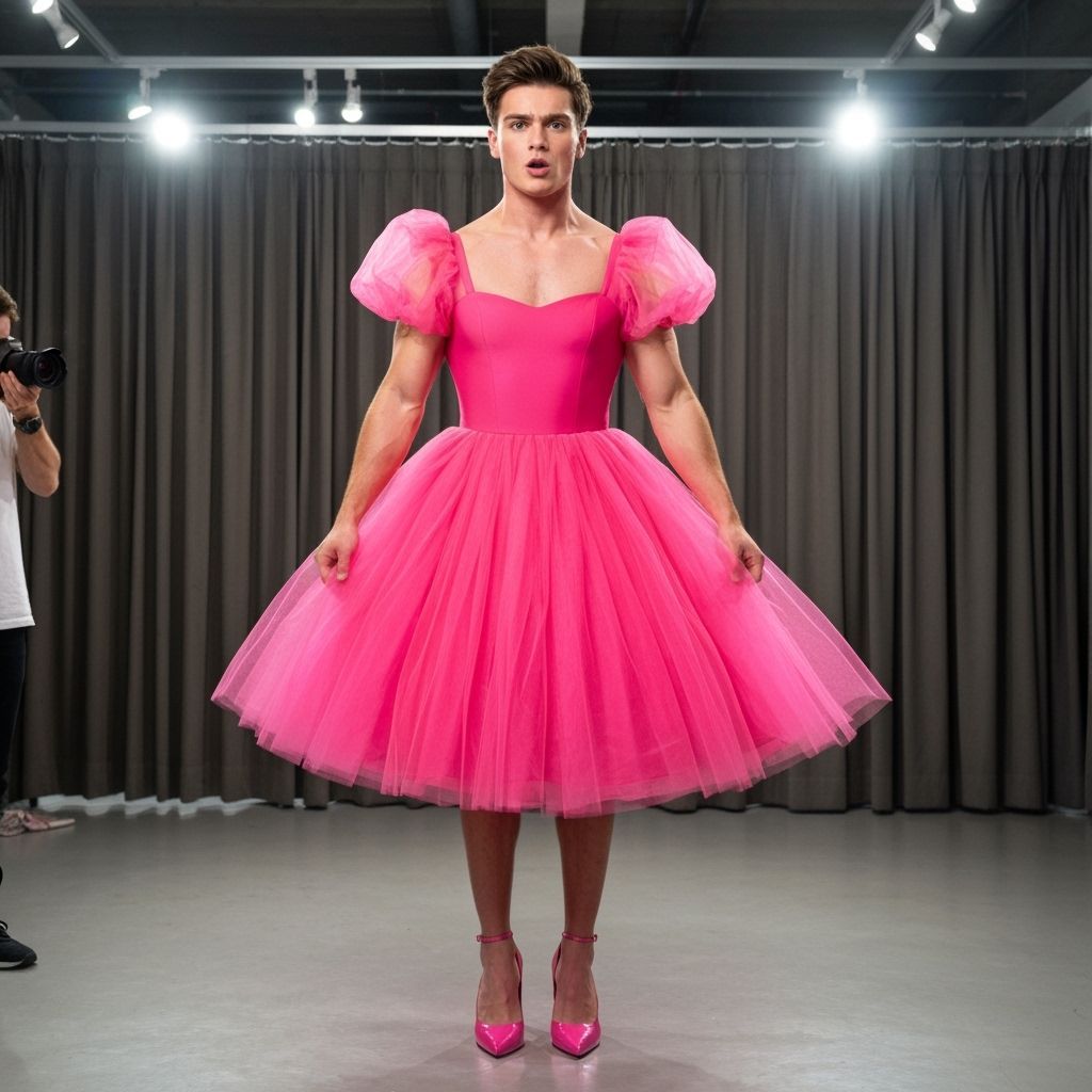 Muscular Man Crossdressing in Prom Dress in Fitting Room