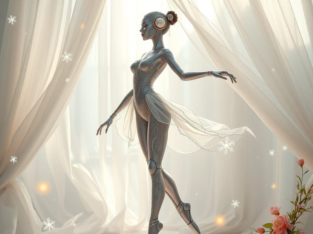 Cybernetic Ballerina in Shimmering Silver and Crystal