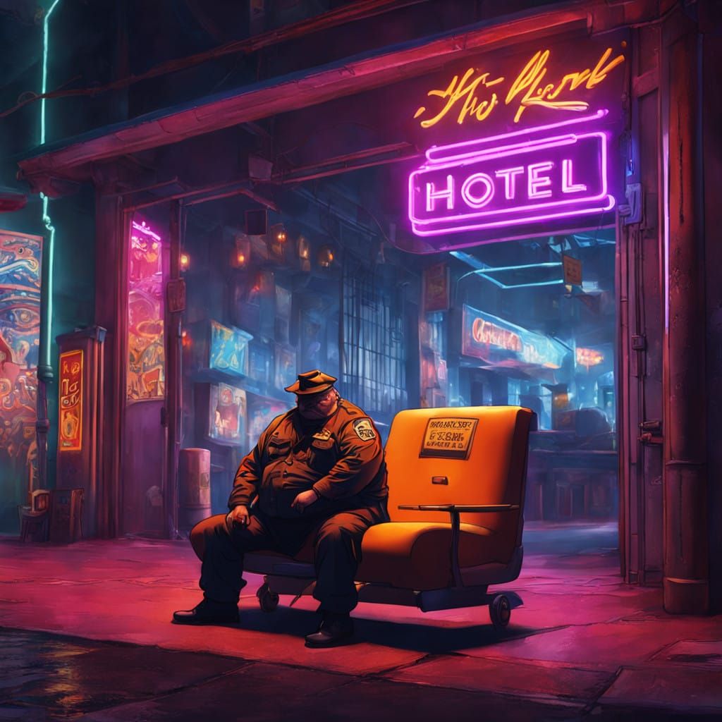 Sleek Security Guard in Deep Slumber, Surrounded by Neon