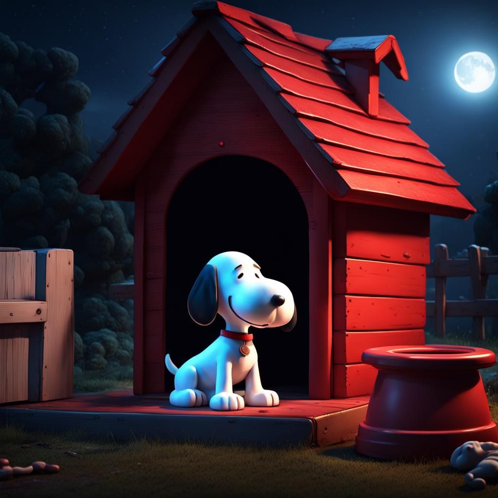 Snoopy and Girl in Moonlit Cartoon Art