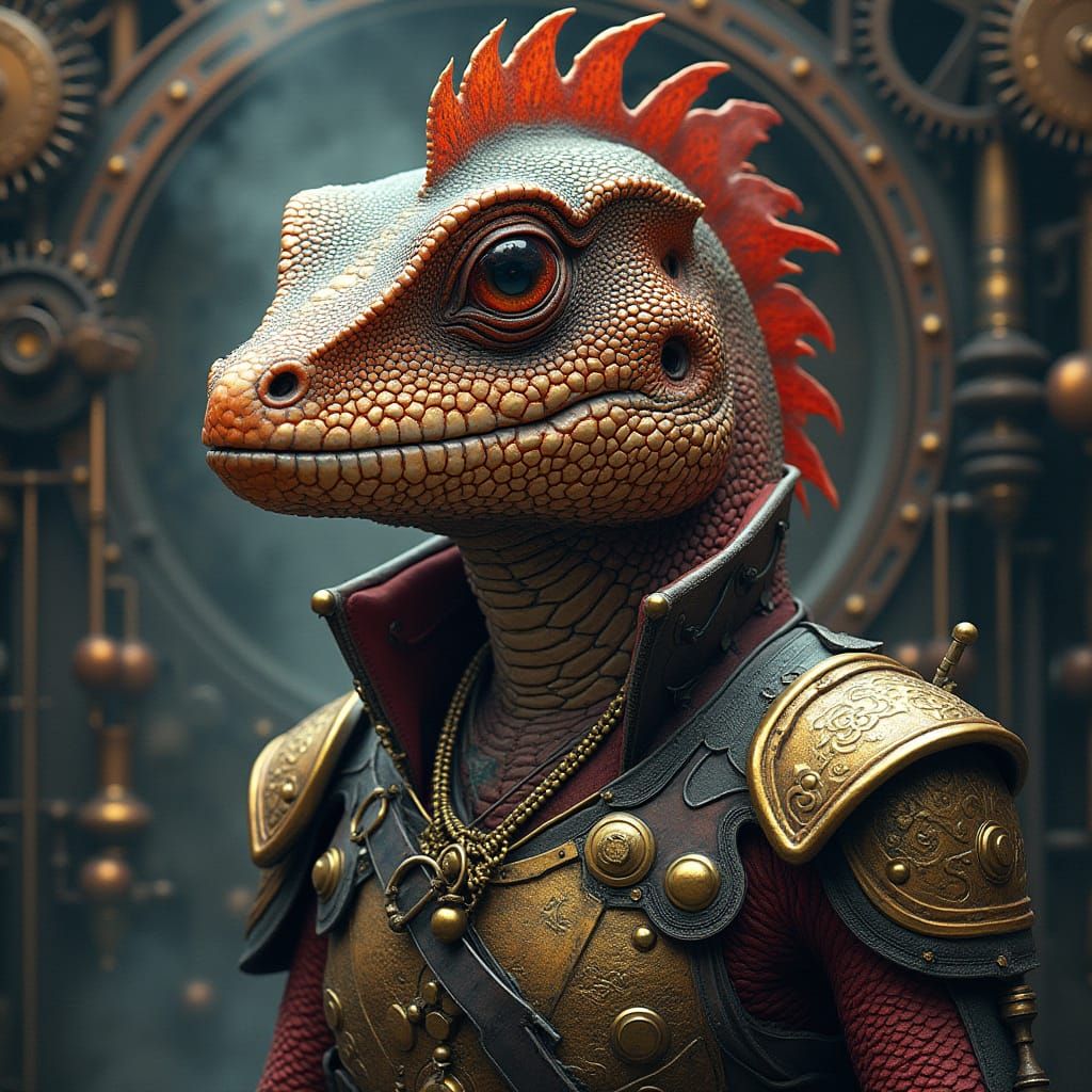 Steampunk Lizardman Guarding Clockwork City