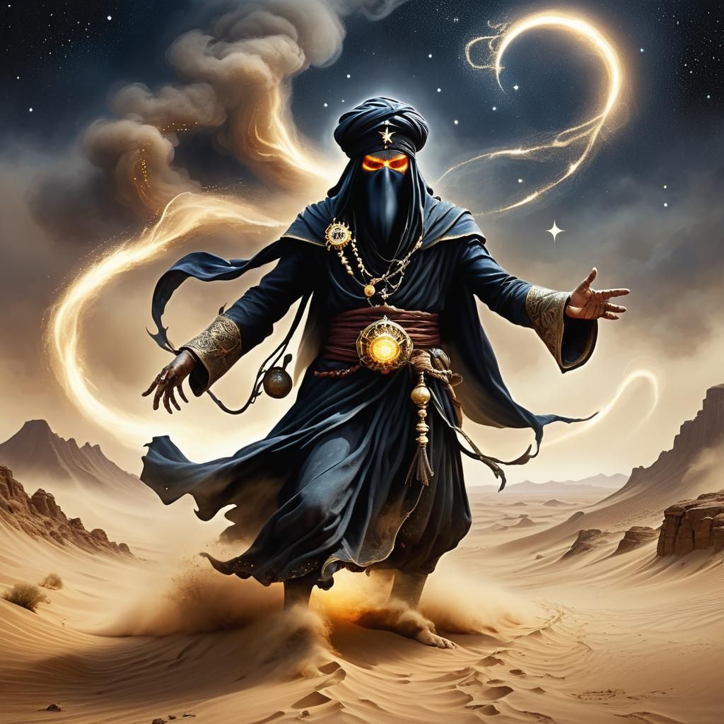 Wizard Summons Sand Demon in Detailed Dark Fantasy