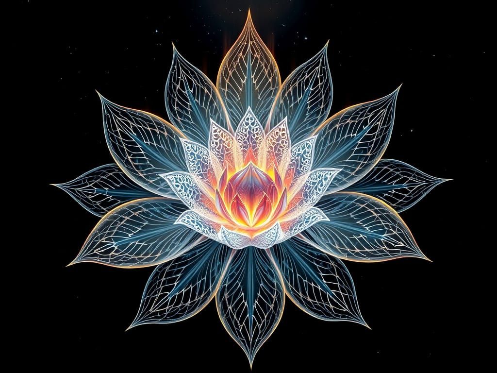 Surreal Lotus Flower Blooms Amidst Cosmic Flame Fractals