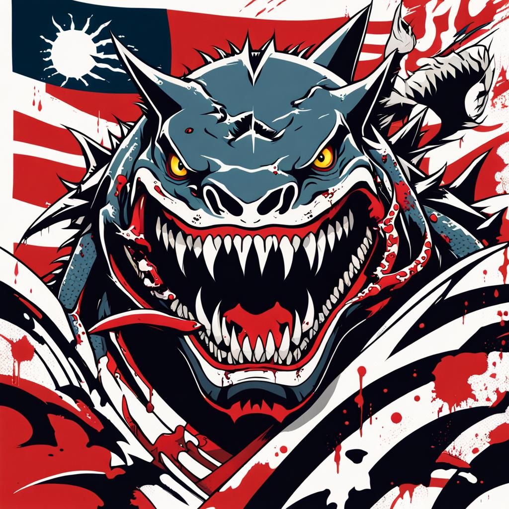 Demon Yakuza with Ripped Flag in Anime Style