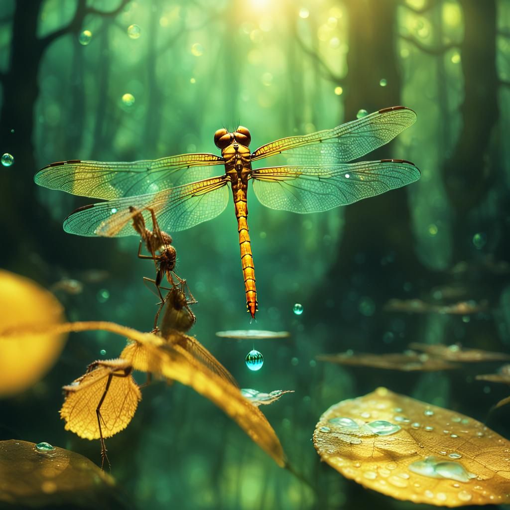 Golden Dragonfly in Mystical Surrealist Forest