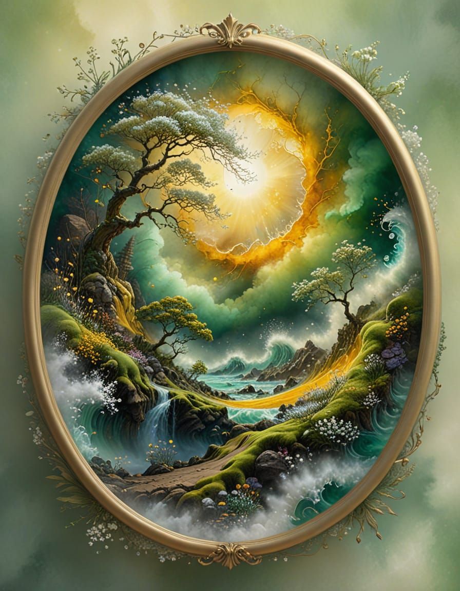 Alcohol Ink Art of Yellow Moss Tuberosa in Oval Frame