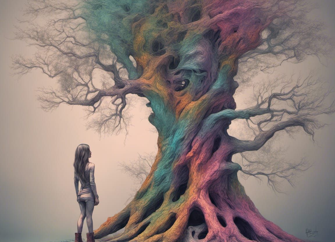 Woman Turns to Tree: Detailed Pencil Sketch