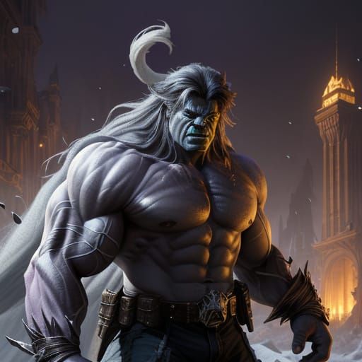 Hulk Transcends with Towering Snow-White Locks in Dark Fanta...