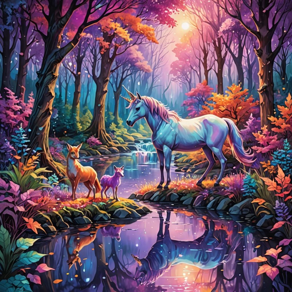 Rainbow Canopy Forest with Unicorns: Fantasy Art