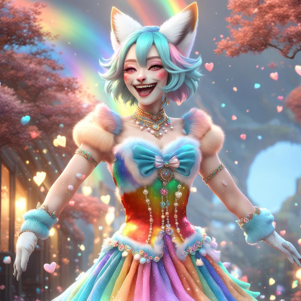 Fluffy Rainbow Kitsune in Ethereal Fantasy Style