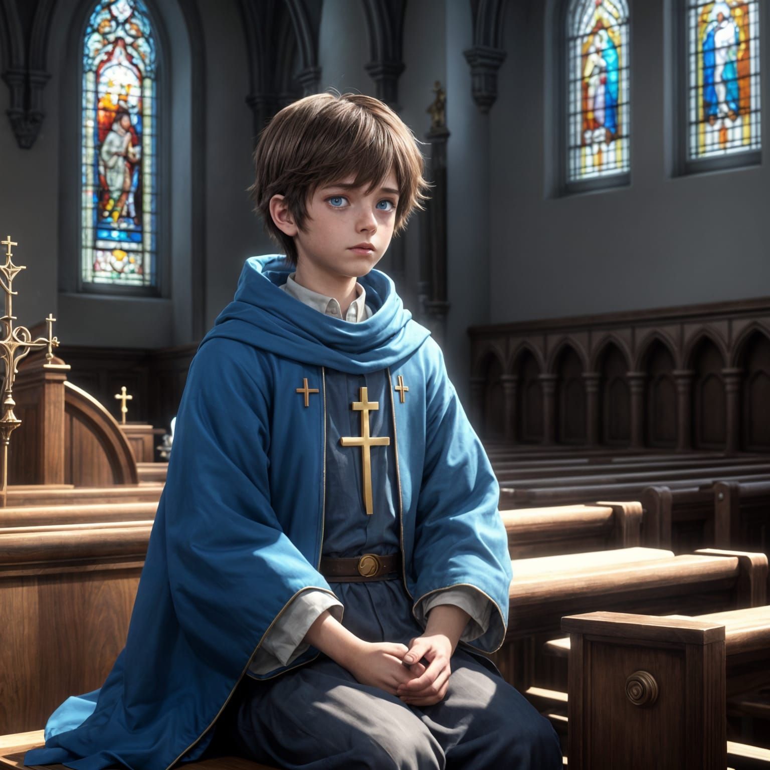 Boy Praying in Church: 3D Anime Art