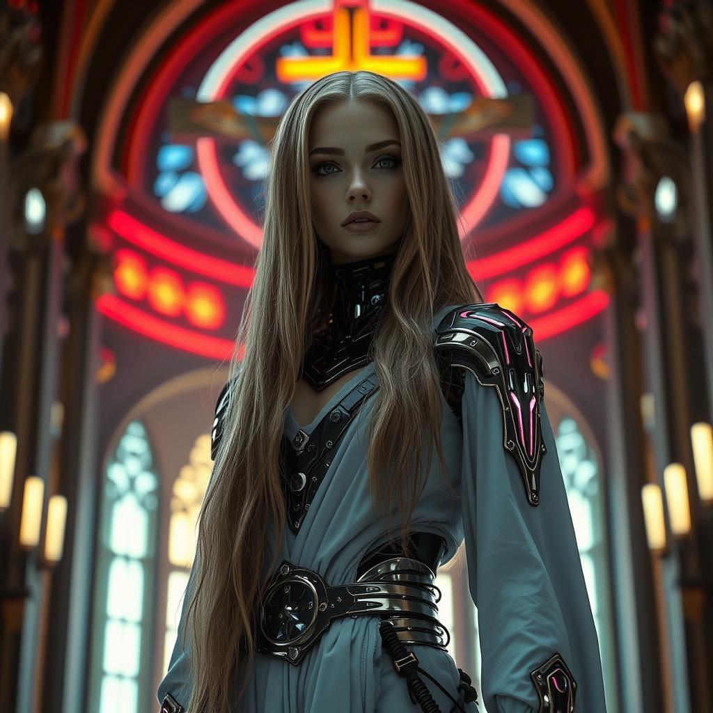 Cyborg Woman in Futuristic Armor with Neon Cathedral