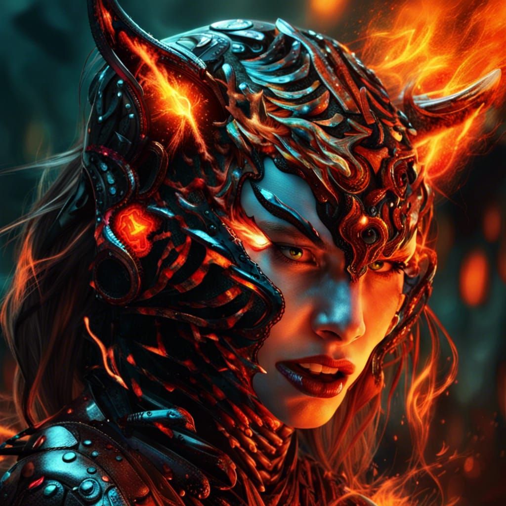 Cybernetic Demon Head in Detailed Digital Painting