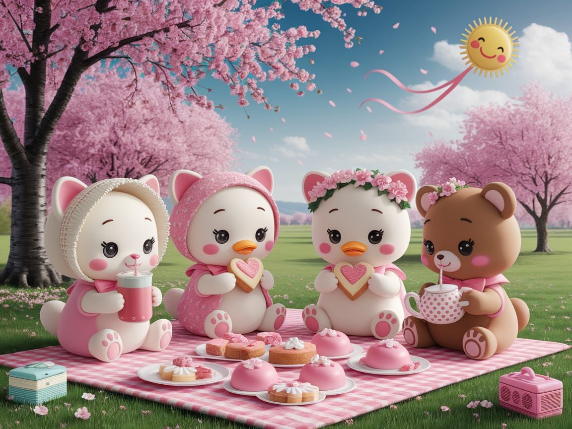 Picnic with Plush Animals Under Cherry Blossoms