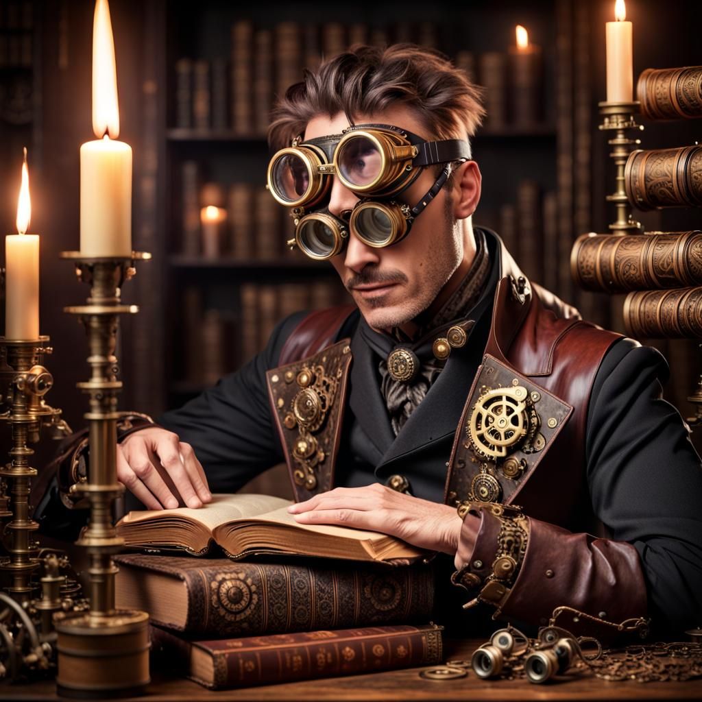Steampunk Artisan Surrounded by Gears and Tomes