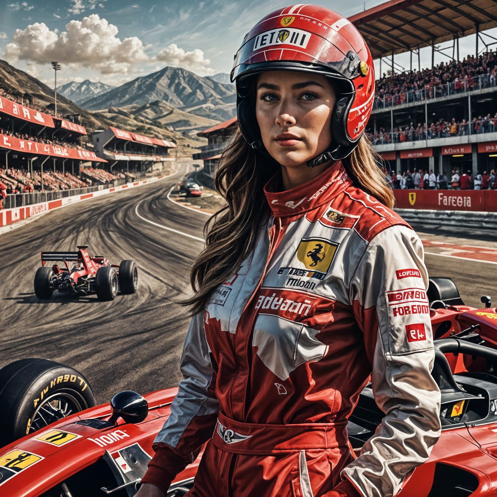 Female F1 Driver Posing with Vintage Ferrari