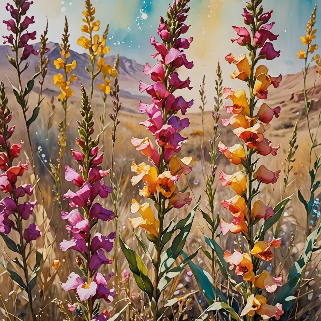 Expressionist Snapdragon Flowers in Desert Landscape