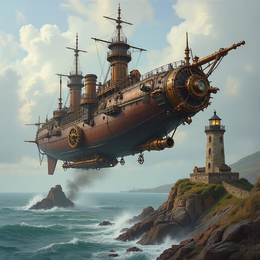 Victorian Steampunk Warship Approaches Lighthouse