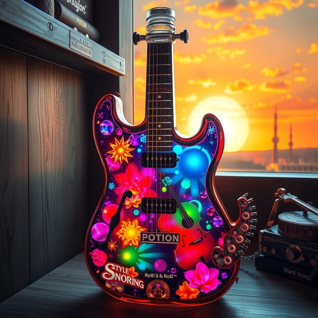 Hyperrealistic Guitar Bottle Radiates Vibrant Energy