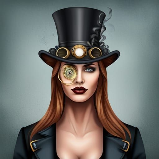 Steampunk Woman in Fog with Top Hat