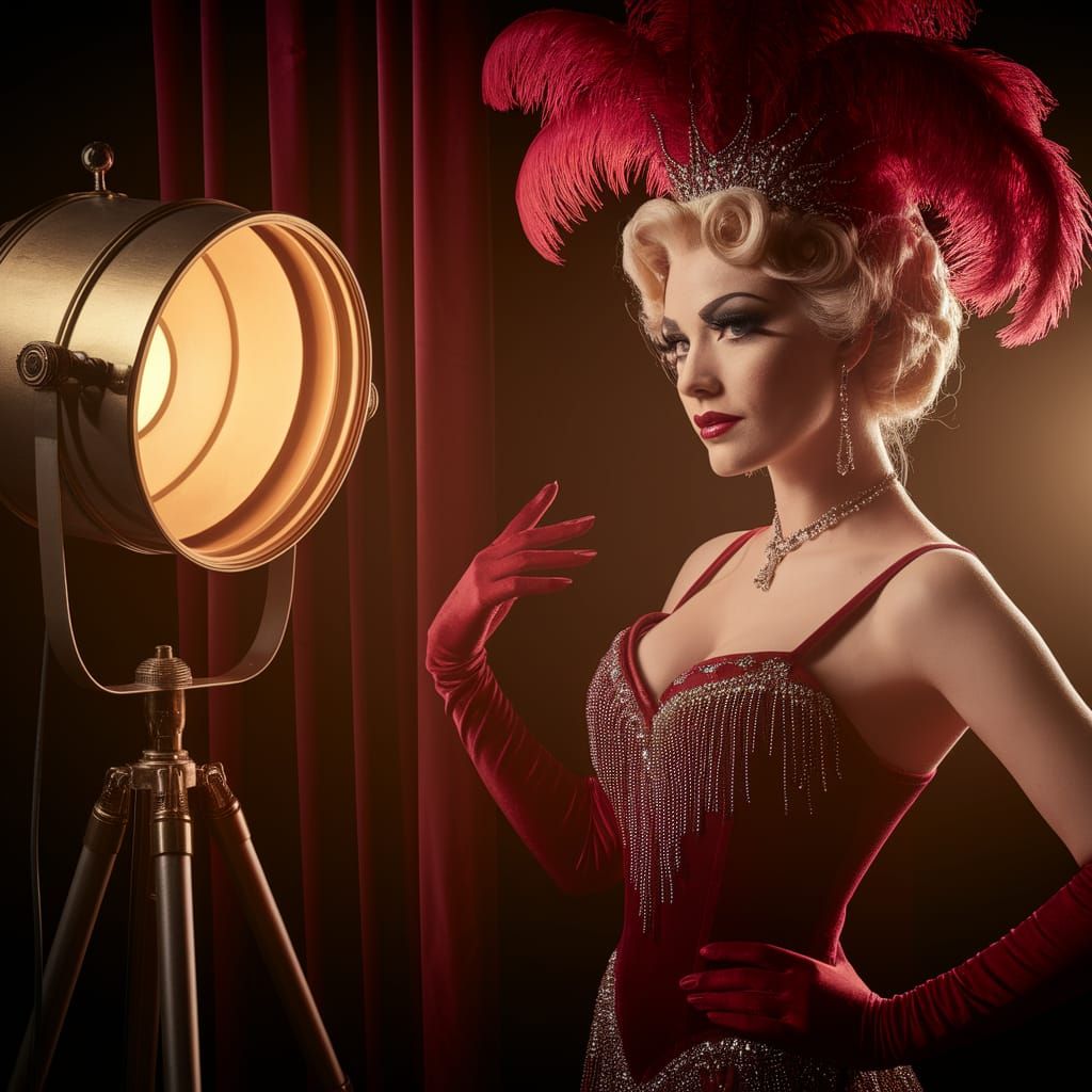 Burlesque Showgirl in 1940s Hollywood Glamour