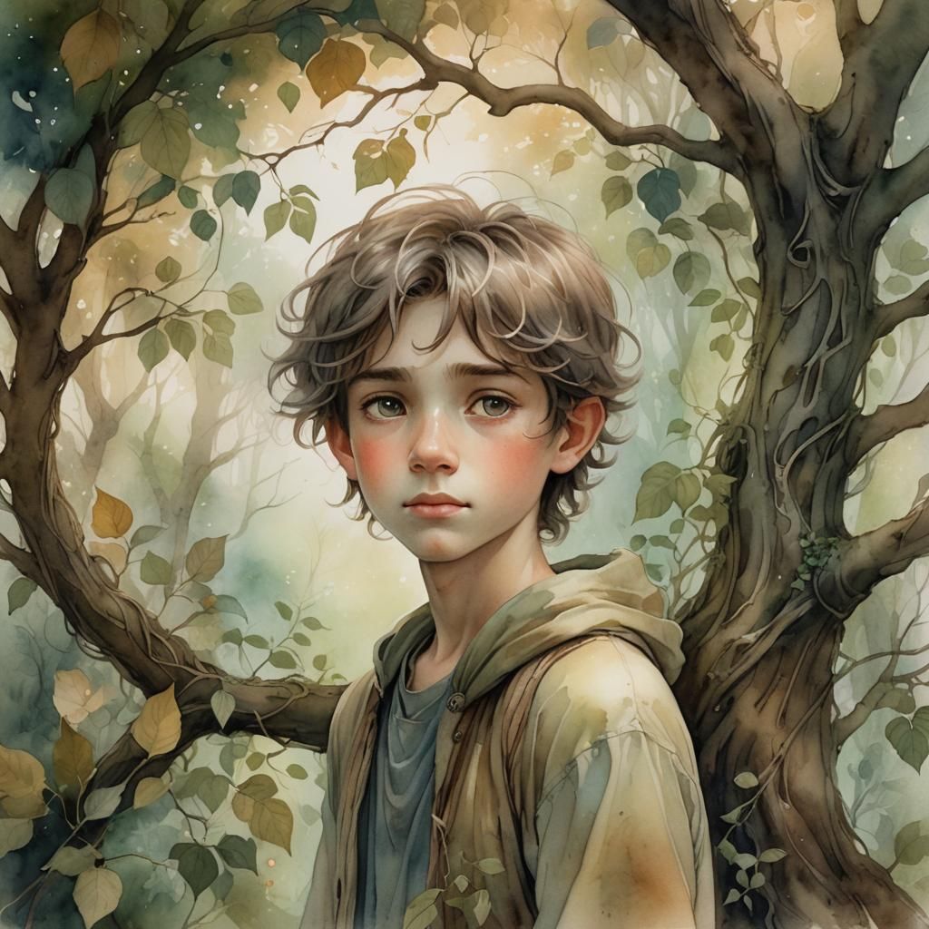 Mystical Boy in Enchanted Forest, Watercolor Art