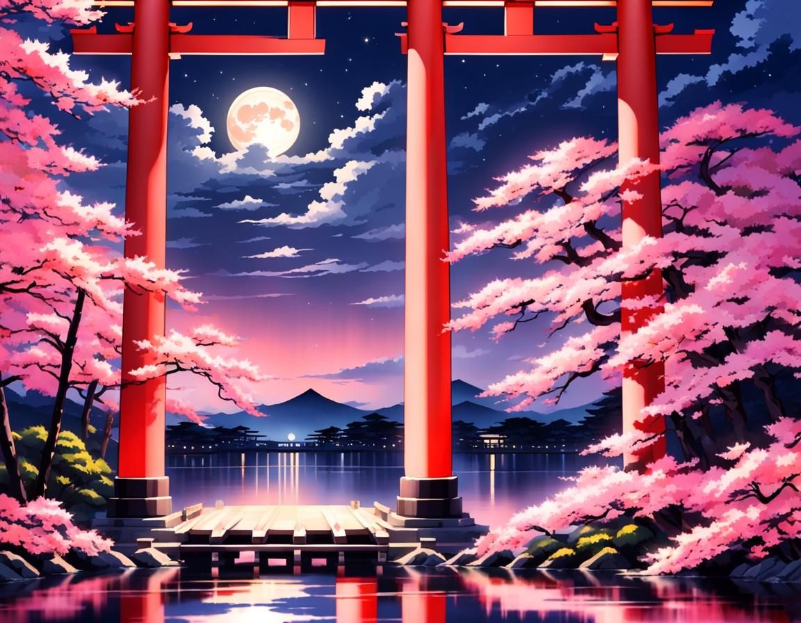 Grand Torii Gate Under Pink Moon