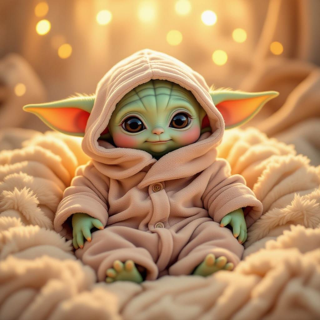 Baby Yoda in Oodie: Whimsical Pastel Illustration