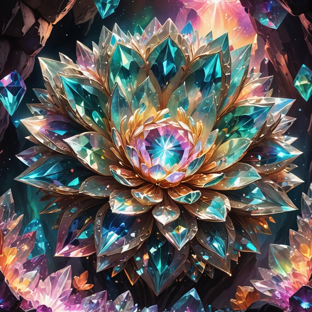 Cosmic Diamond Flower in Moonlit Cave