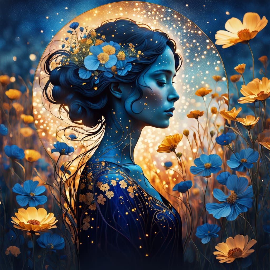 Woman's Silhouette with Flowers in Klimt Style