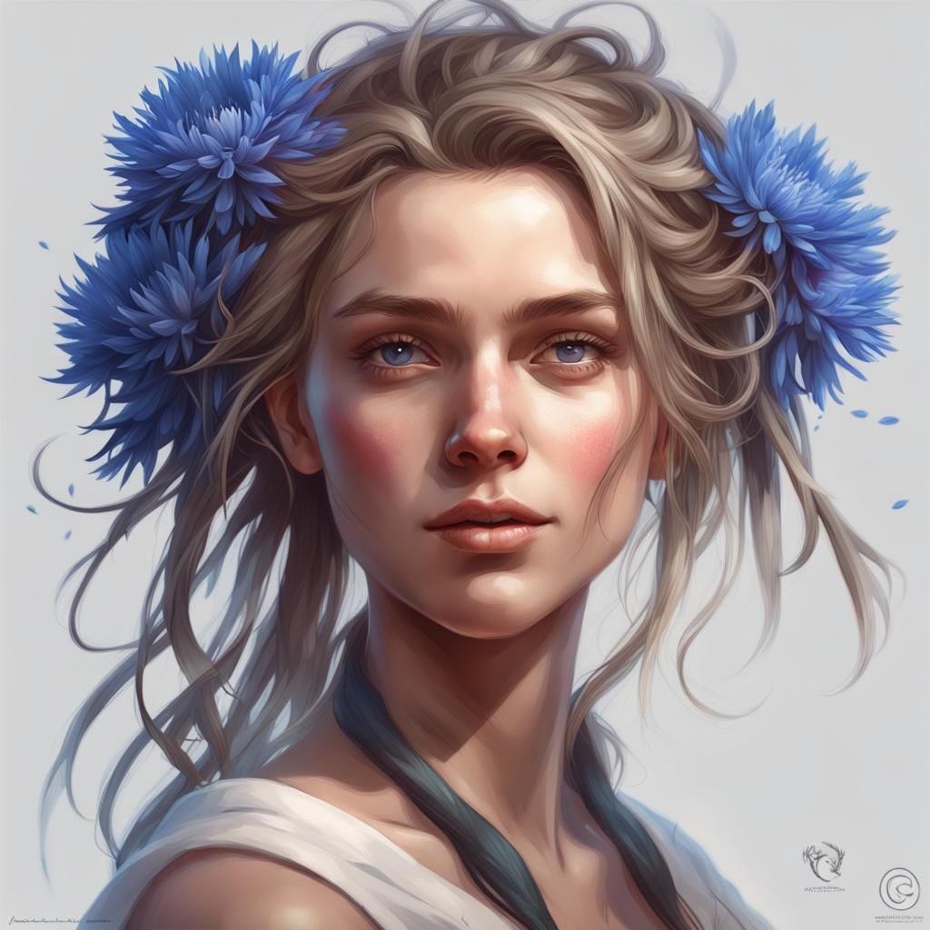 German Girl Portrait with Cornflowers, Hyperdetailed Art