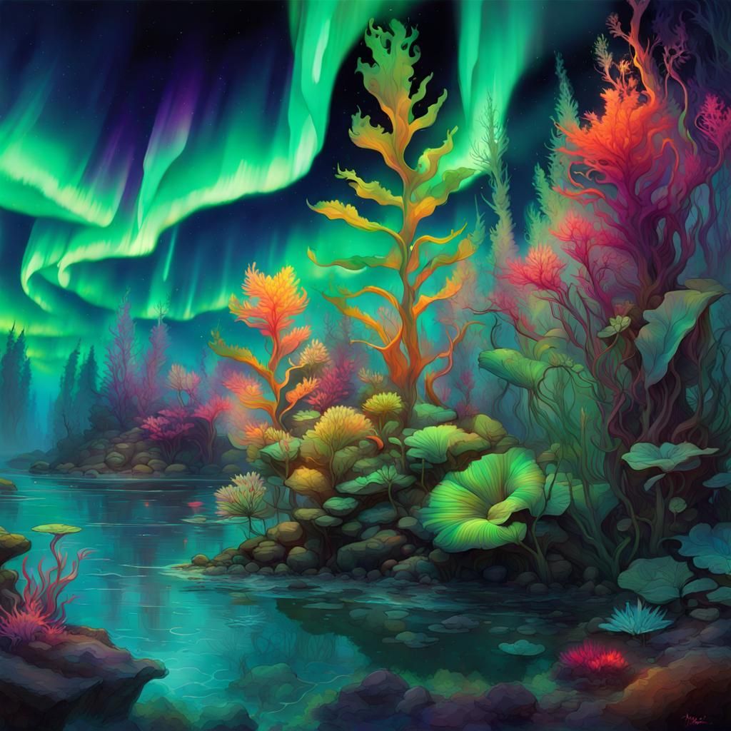 Underwater Botanic Garden with Northern Lights, Digital Art