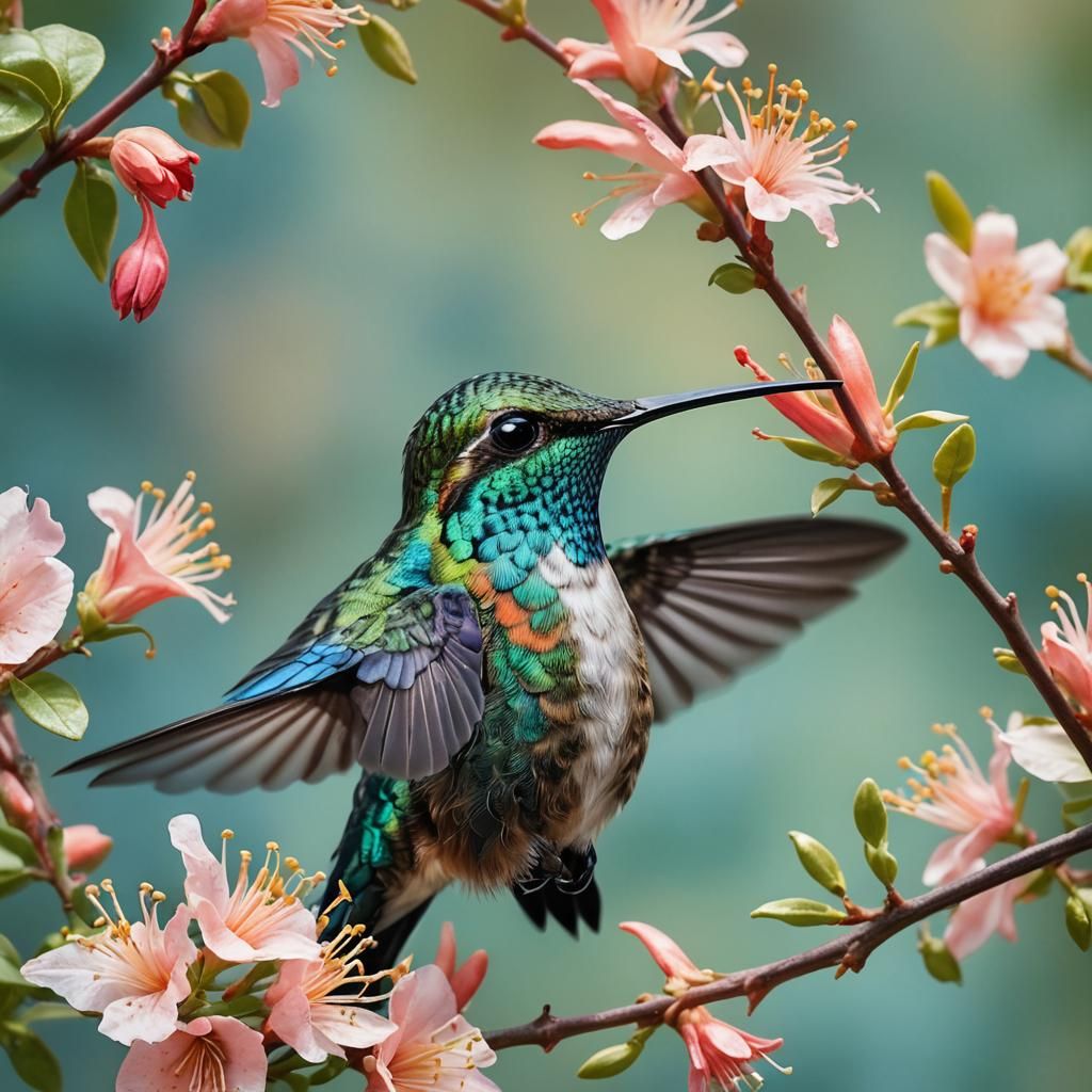 Hummingbird and Honeysuckle Macro Photograph
